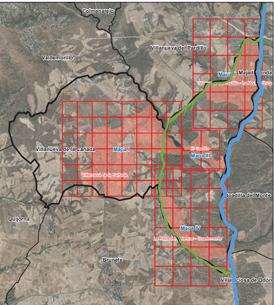 MAPA ACTUAL DE VILLANUEVA DE LA CAÑADA LA LINEA VERDE Y AZUL DELIMITA LO QUE SE CONOCE POR VILLAFRANCA